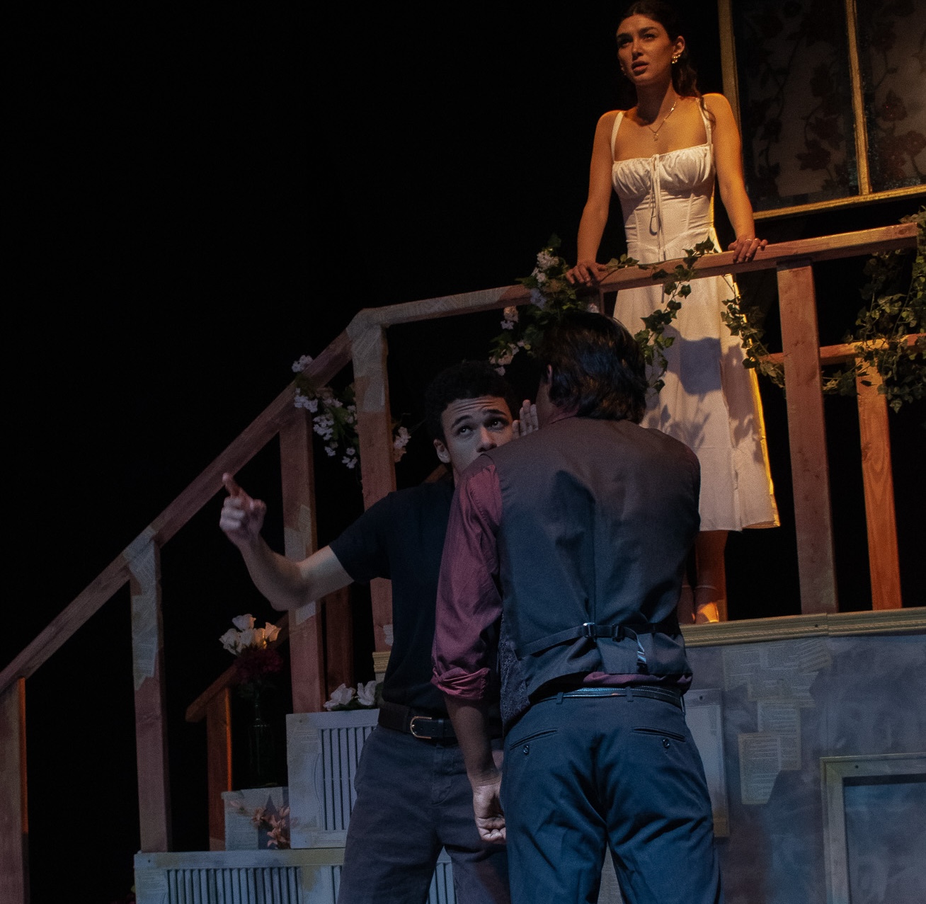 Cast and crew backstage during Cyrano production